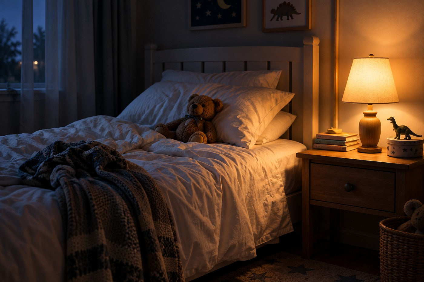 A quiet child's bedroom late at night with stripped bedding and a bedside lamp