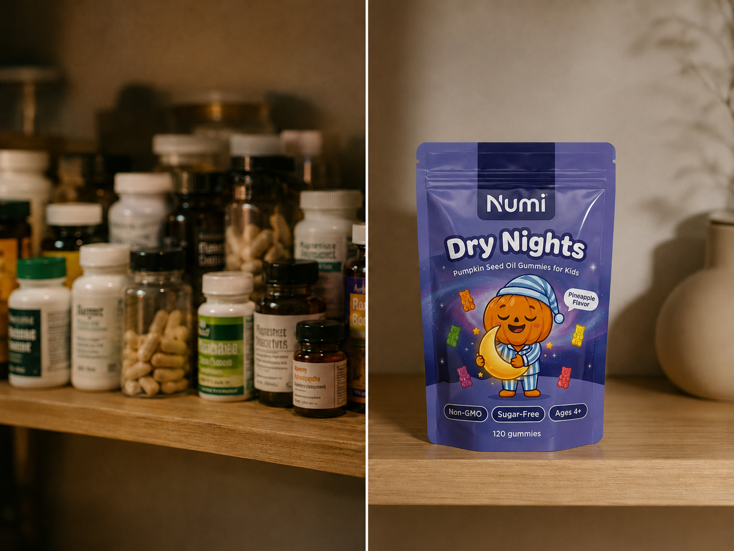 Dry Nights pouch with pumpkin seeds and berries in a warm bedroom scene