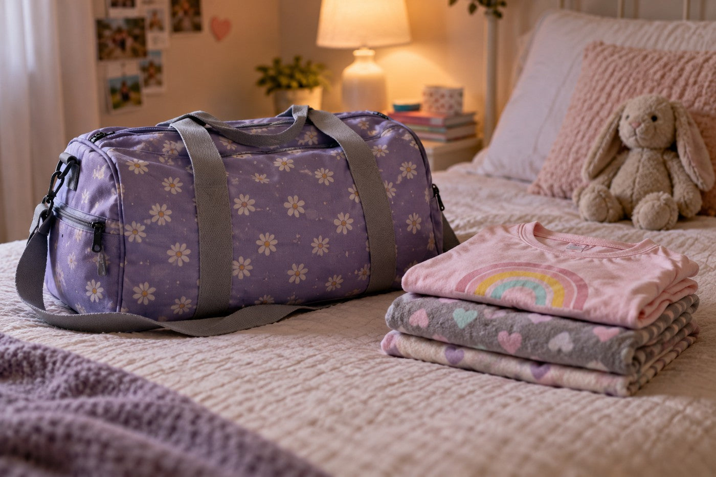 A packed overnight bag and folded clothes left unused