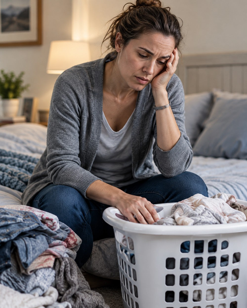 A tired mother sitting on the bed beside a laundry basket at night