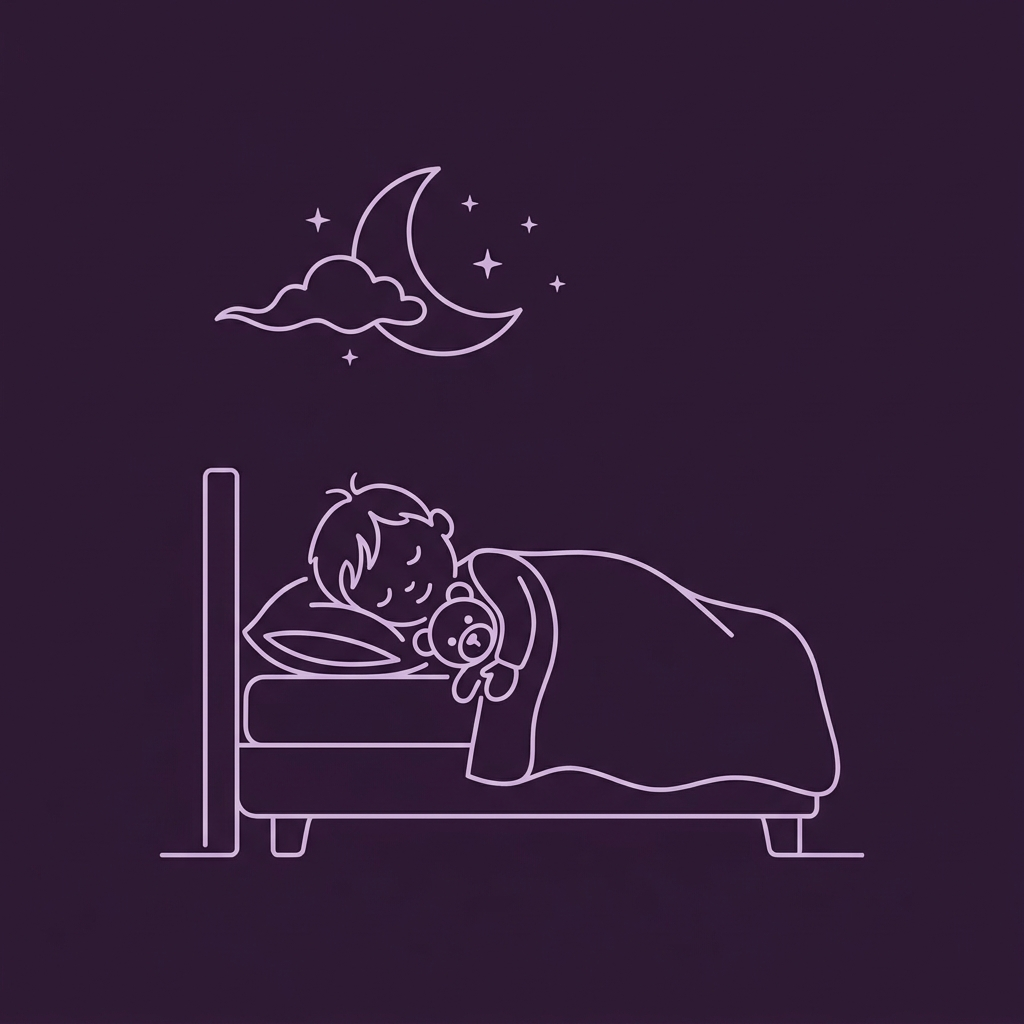Sleeping child with teddy bear under moon and stars
