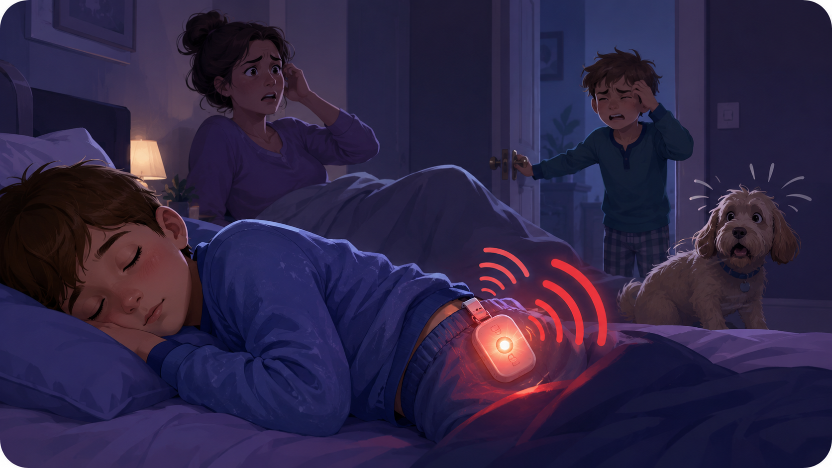 Crossed-out bedwetting alarm on nightstand