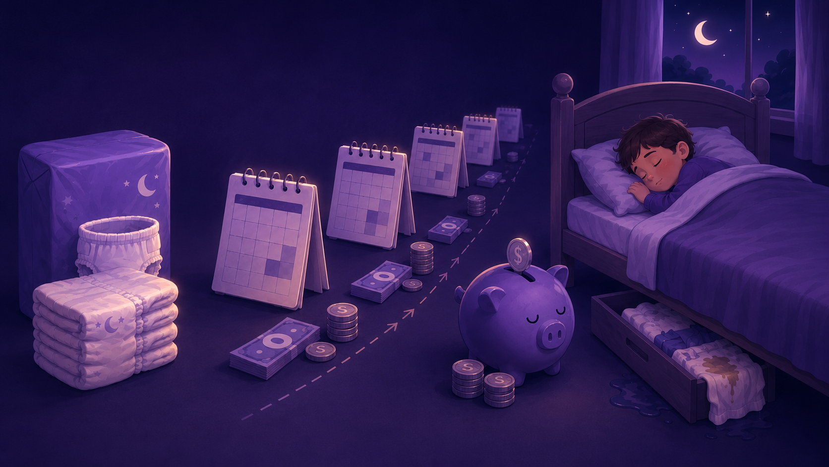Pull-ups stack next to calendars stacked with coins — the compounding cost while wet pajamas hide under the bed