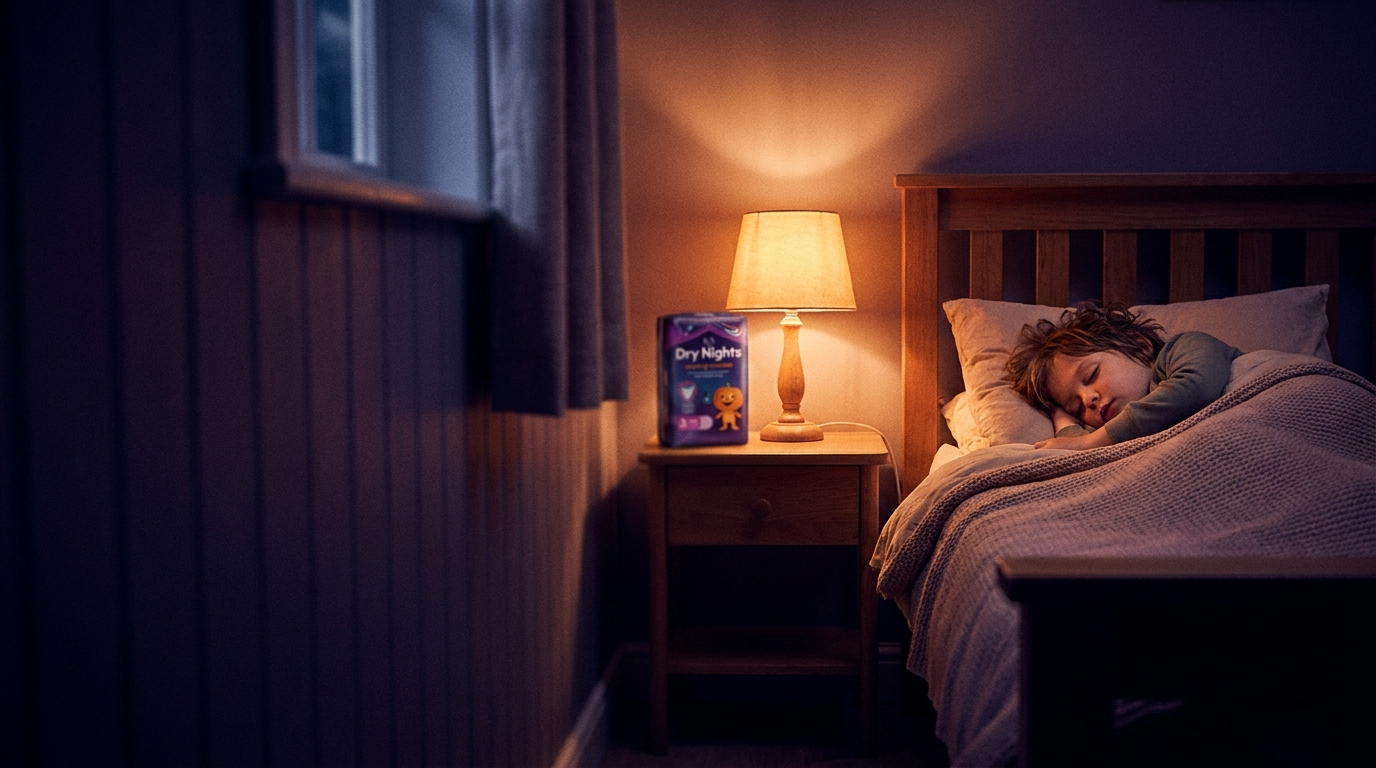 Warm cozy child's bedroom at night with Dry Nights pouch on nightstand