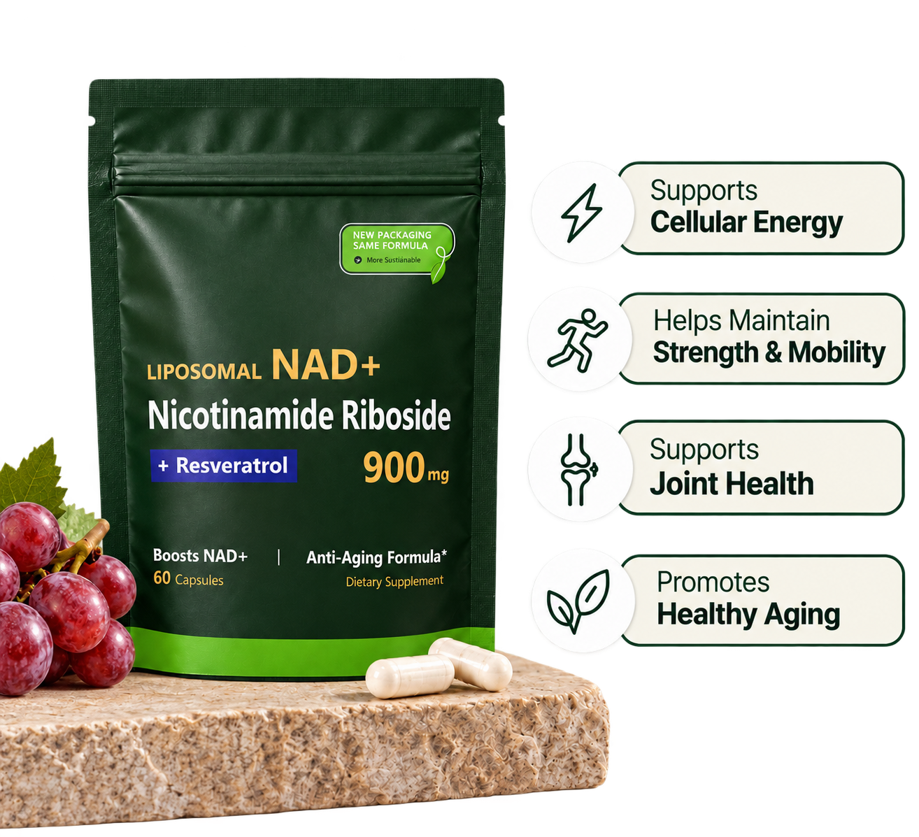 Numi Liposomal NAD+ + Resveratrol pouch — supports recovery & resilience, cellular energy, antioxidant balance; one simple daily habit