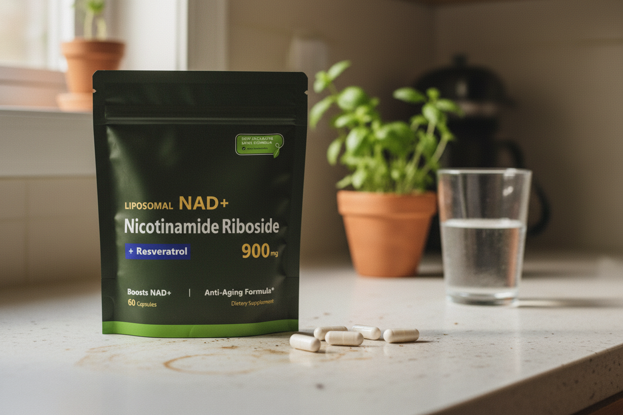 Numi pouch on a kitchen counter with capsules