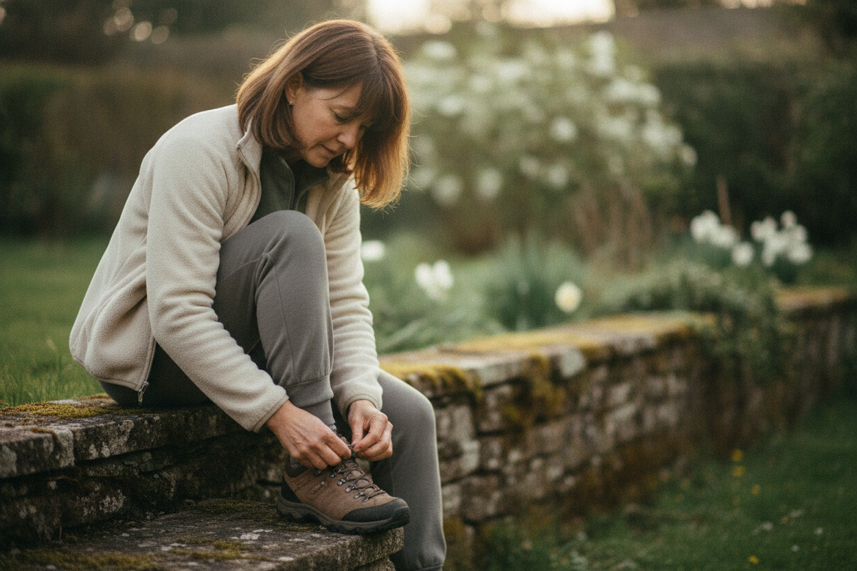 Woman tying her walking shoe