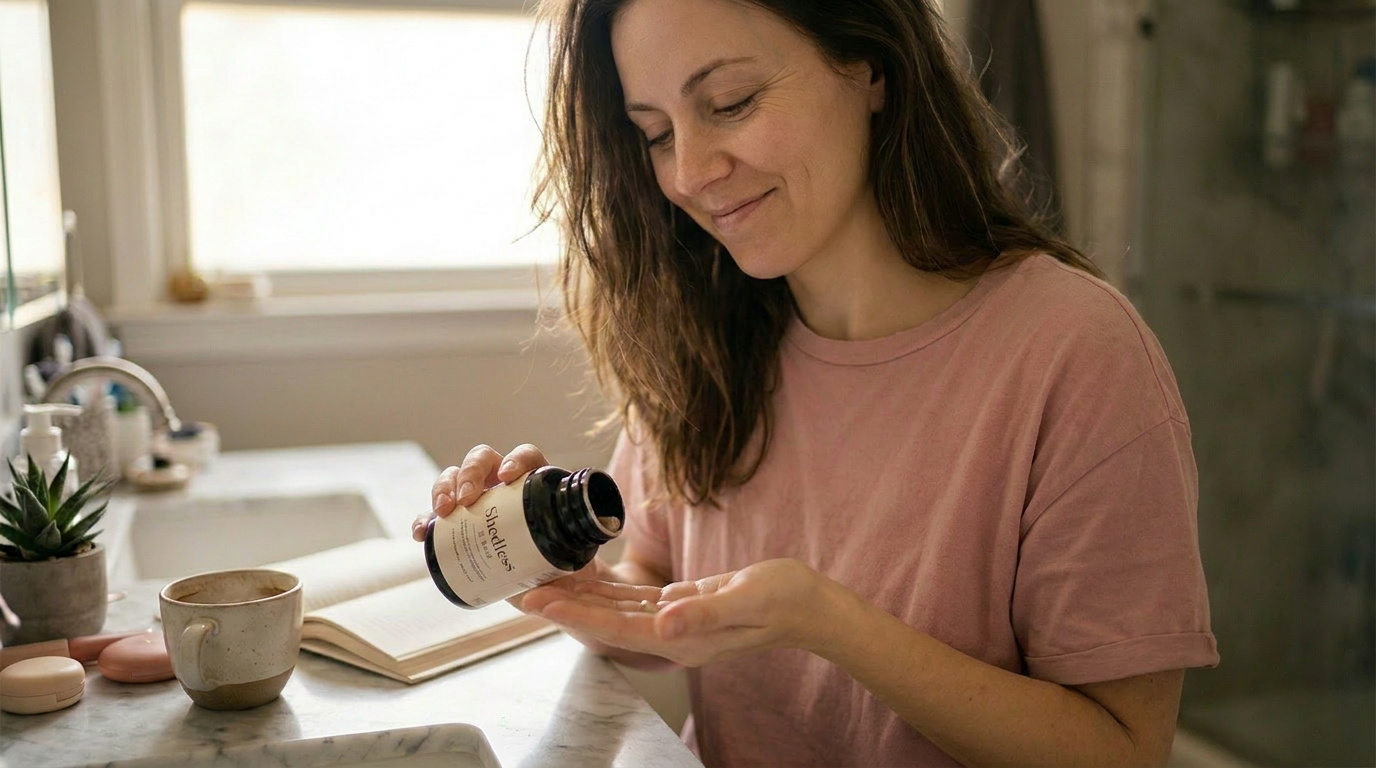 A woman smiling as she tips a Shedless by Numi capsule into her palm in her sunlit bathroom