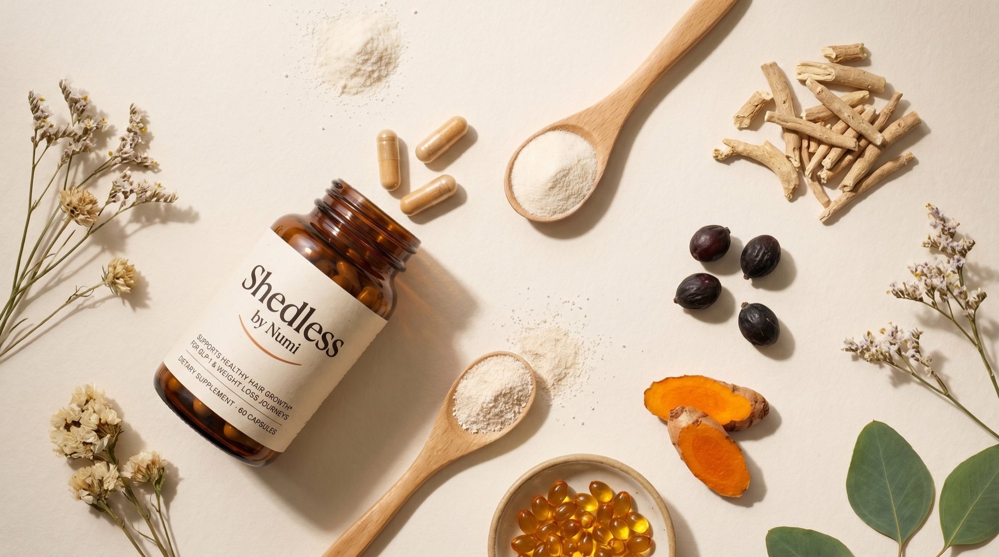 Shedless flat-lay — bottle with ashwagandha, saw palmetto, turmeric, marine collagen, and vitamin E